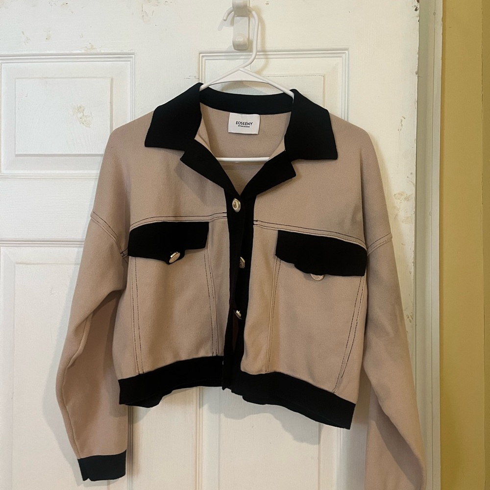 Maje Copy - Women's Black & Tan Button Cardigan